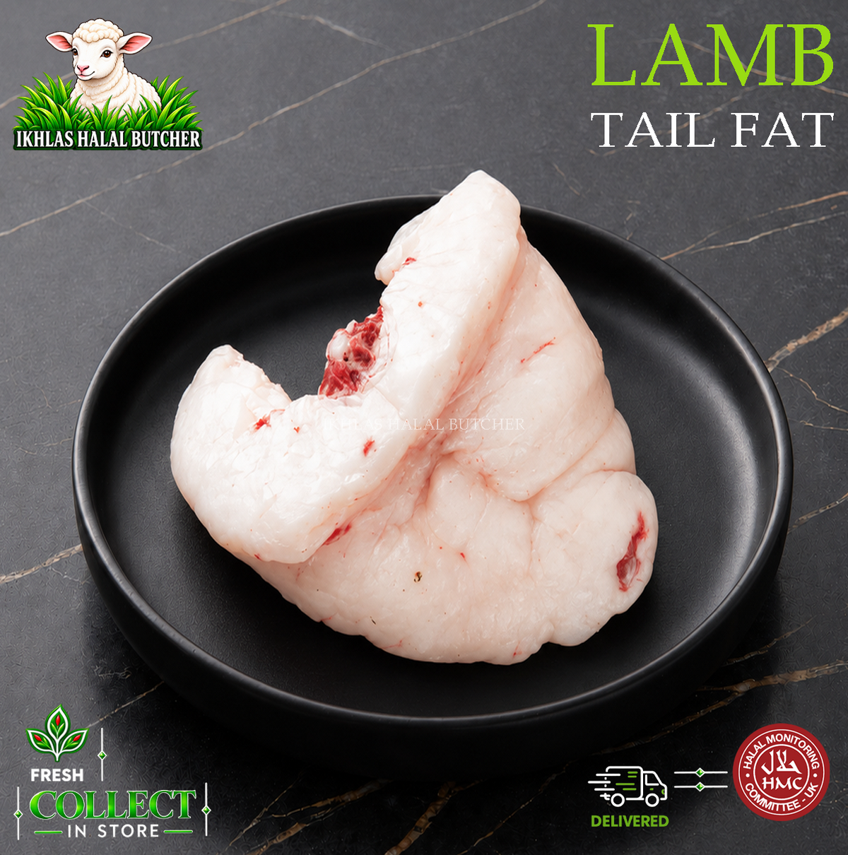 Halal lamb tail fat, on a black plate, Ikhlas Halal Butcher, Bradford