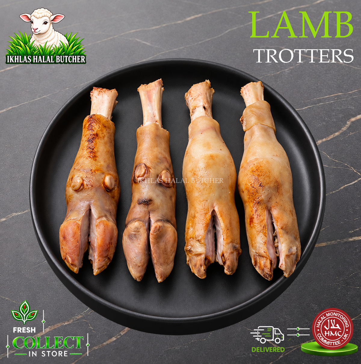 Halal lamb trotters, on a black plate (photo 2), Ikhlas Halal Butcher, Bradford