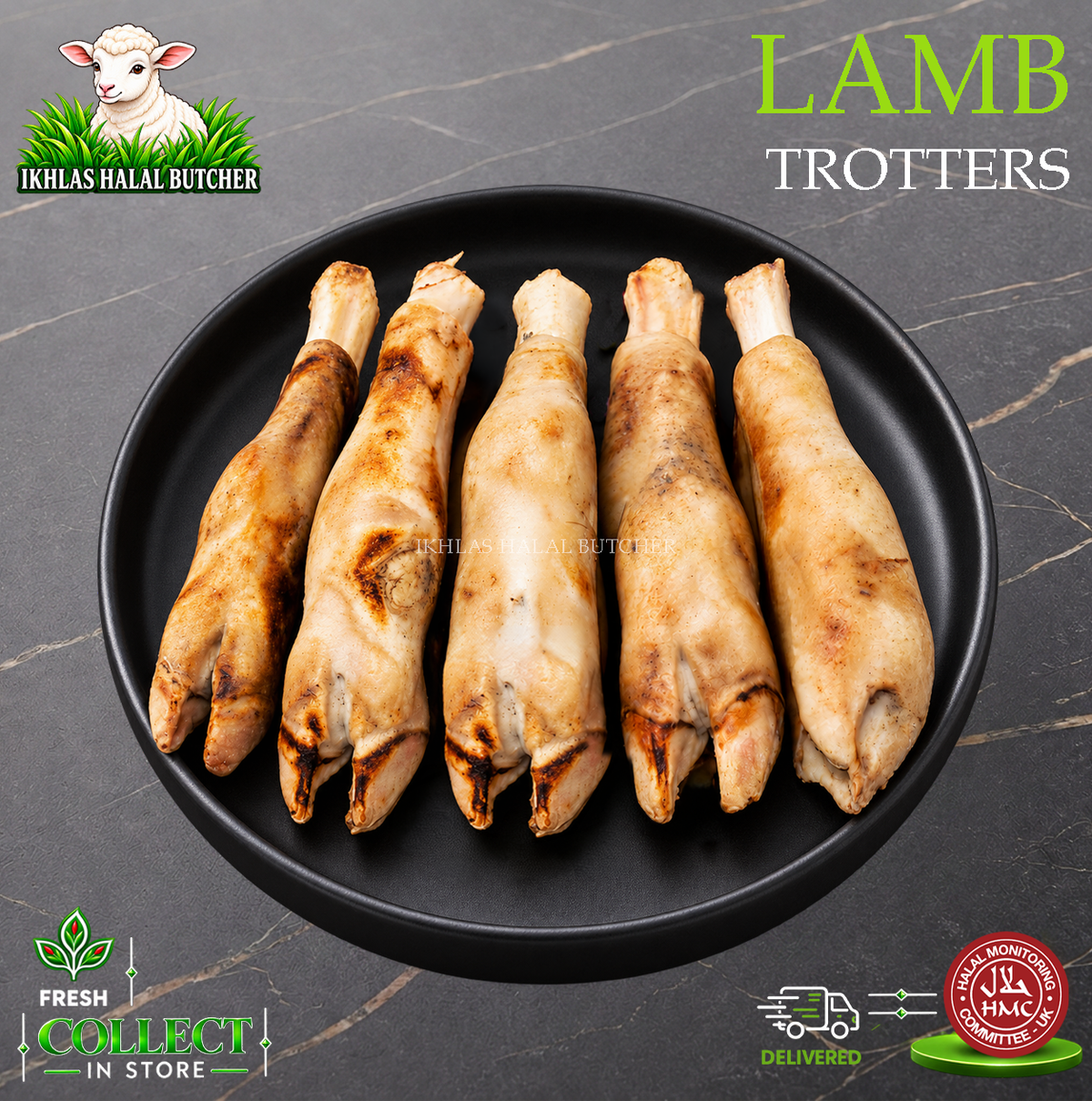 Halal lamb trotters, on a black plate (photo 1), Ikhlas Halal Butcher, Bradford