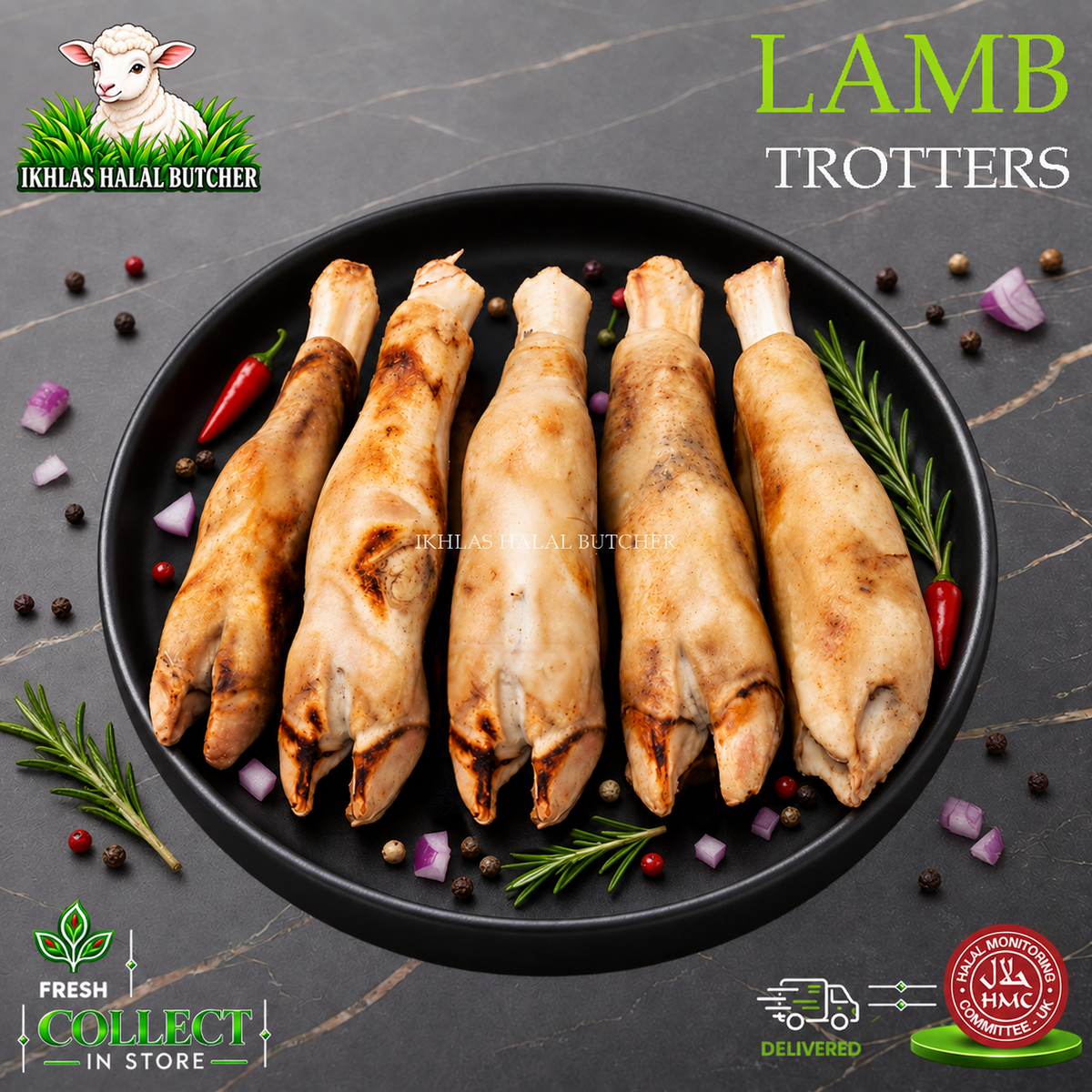 Halal lamb trotters, with rosemary and chilli, on a black plate (photo 1), Ikhlas Halal Butcher, Bradford