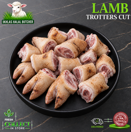 Halal lamb trotters, paya cut, on a black plate, Ikhlas Halal Butcher, Bradford