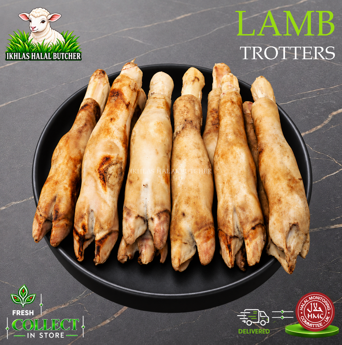 Halal lamb trotters, on a black plate (photo 3), Ikhlas Halal Butcher, Bradford