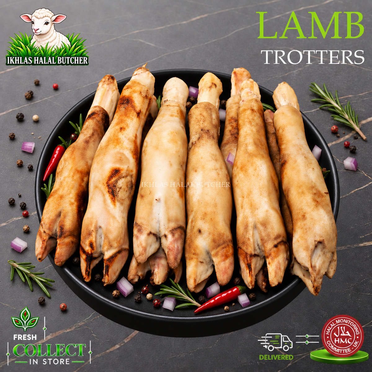 Halal lamb trotters, with rosemary and chilli, Ikhlas Halal Butcher, Bradford