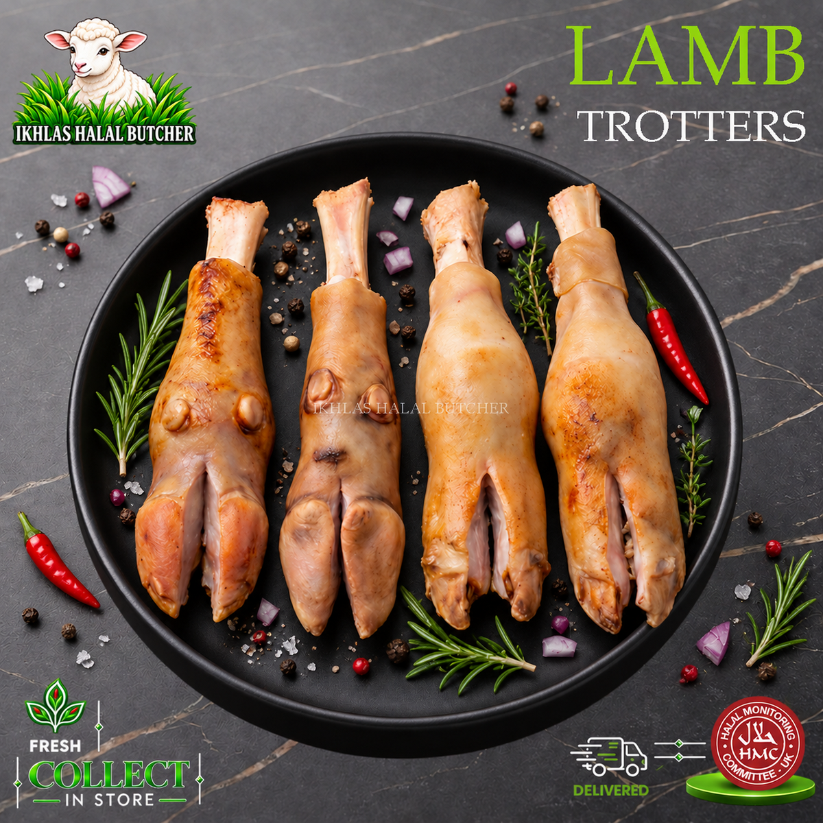 Halal lamb trotters, with rosemary and chilli, on a black plate (photo 2), Ikhlas Halal Butcher, Bradford