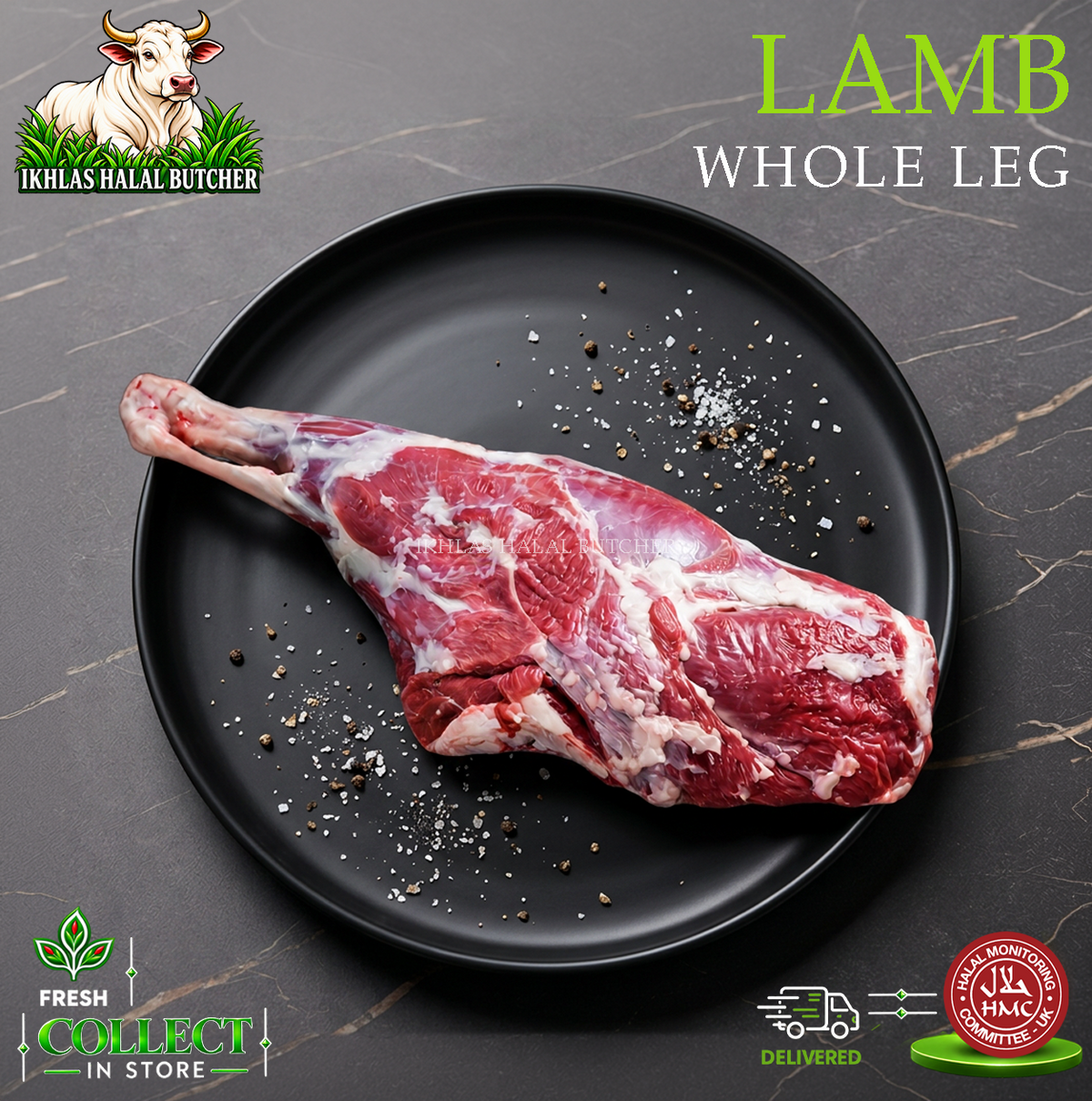Halal whole lamb leg, on a black plate (photo 2), Ikhlas Halal Butcher, Bradford