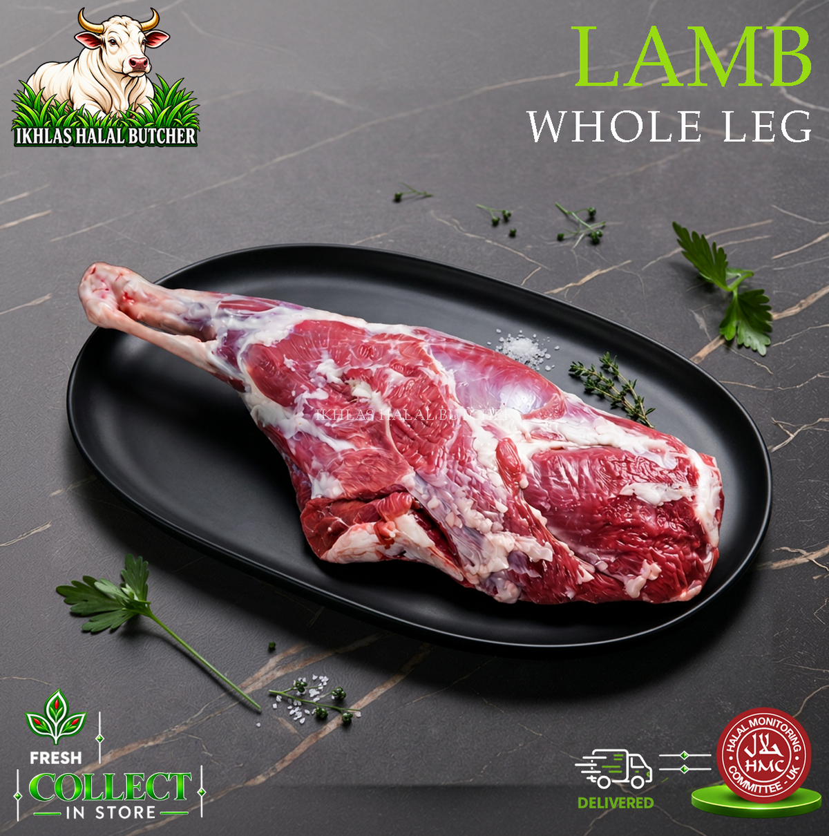 Halal whole lamb leg, with herbs, Ikhlas Halal Butcher, Bradford