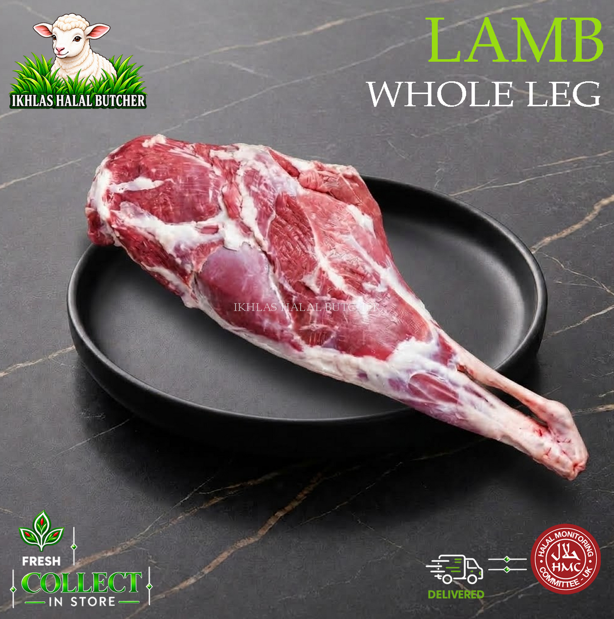 Halal whole lamb leg, on a black plate (photo 1), Ikhlas Halal Butcher, Bradford