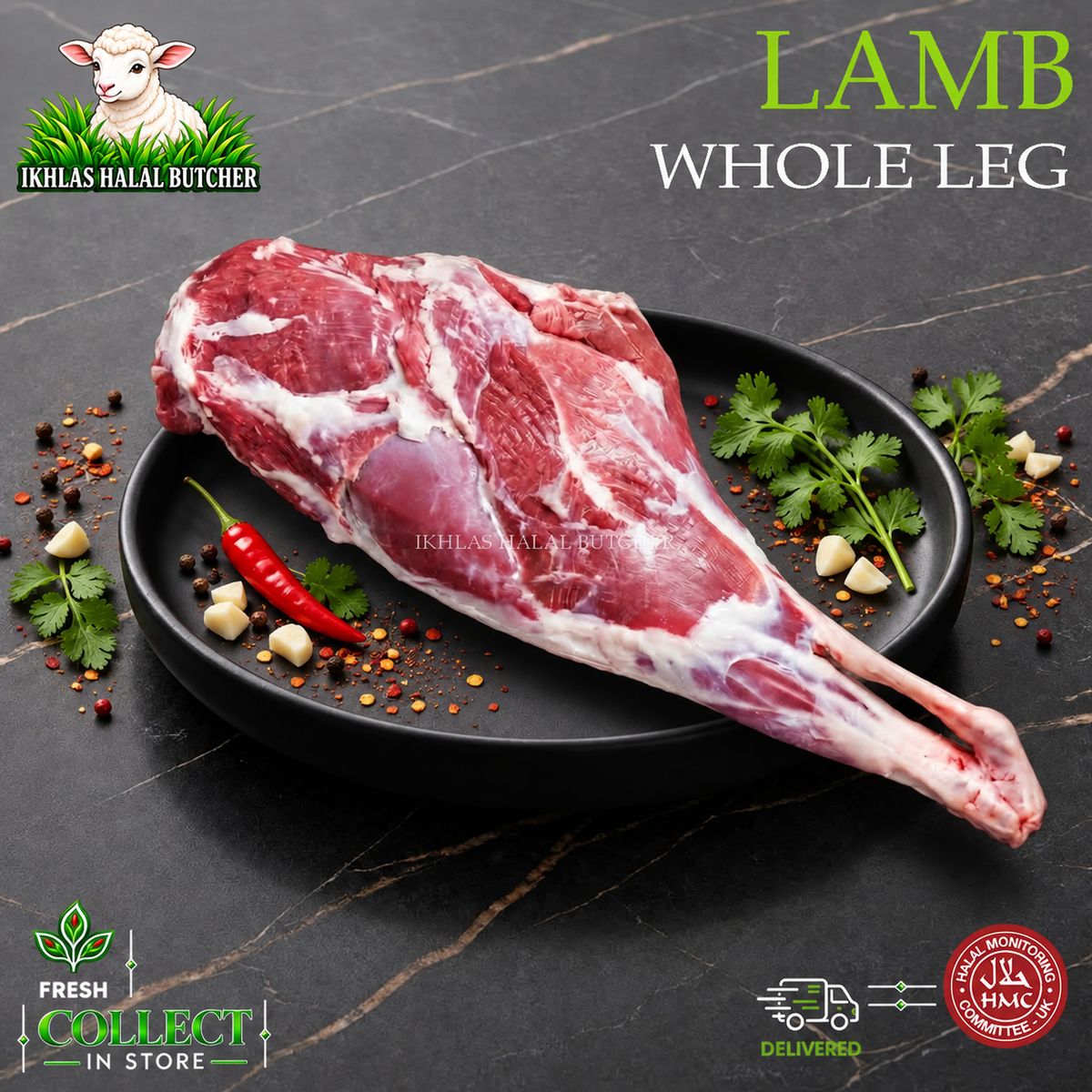Halal whole lamb leg, with chilli and garlic, on a black plate, Ikhlas Halal Butcher, Bradford