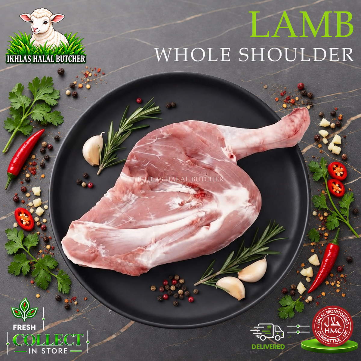 Halal whole lamb shoulder, with chilli and garlic, on a black plate, Ikhlas Halal Butcher, Bradford