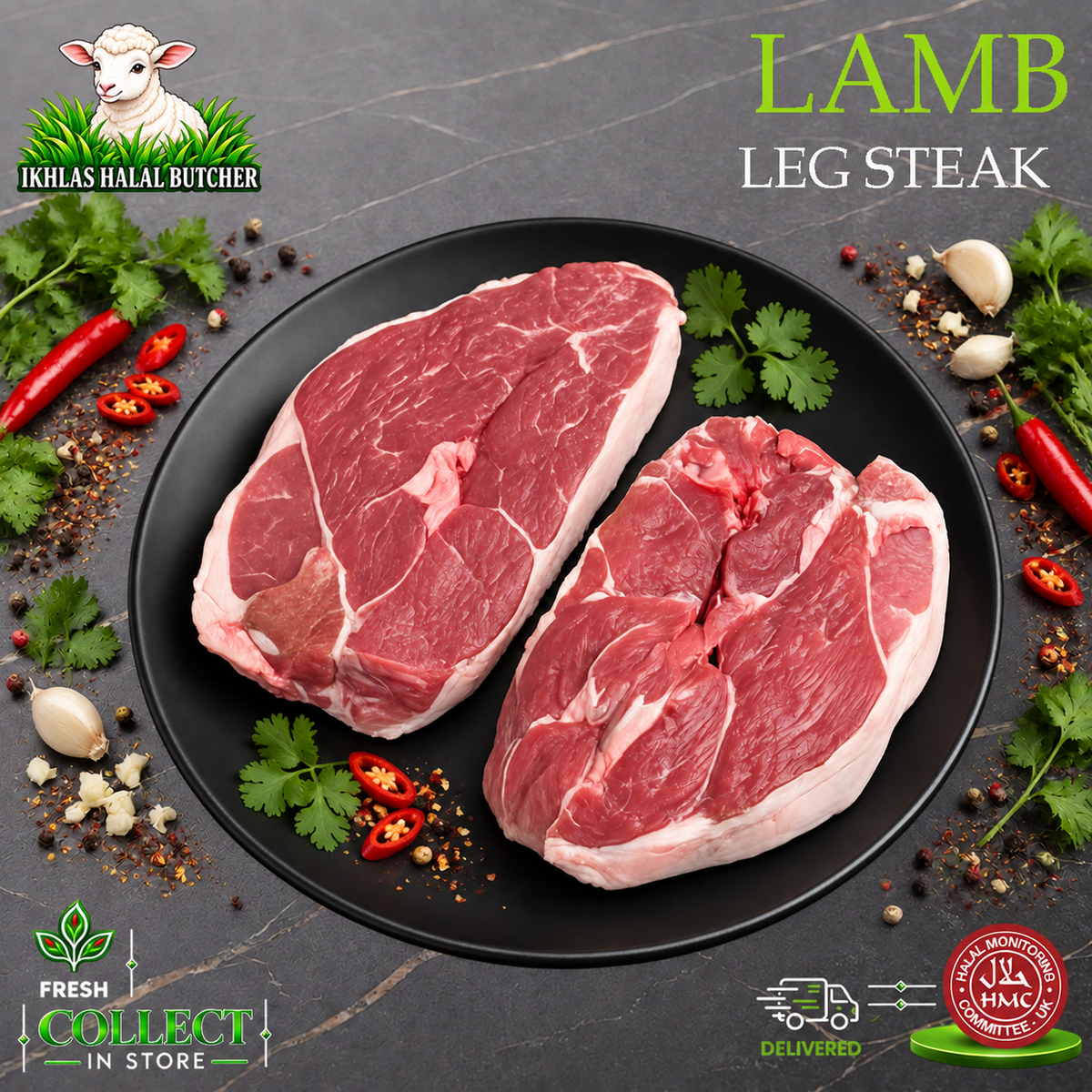 Halal lamb steaks, with chilli and garlic, on a black plate, Ikhlas Halal Butcher, Bradford