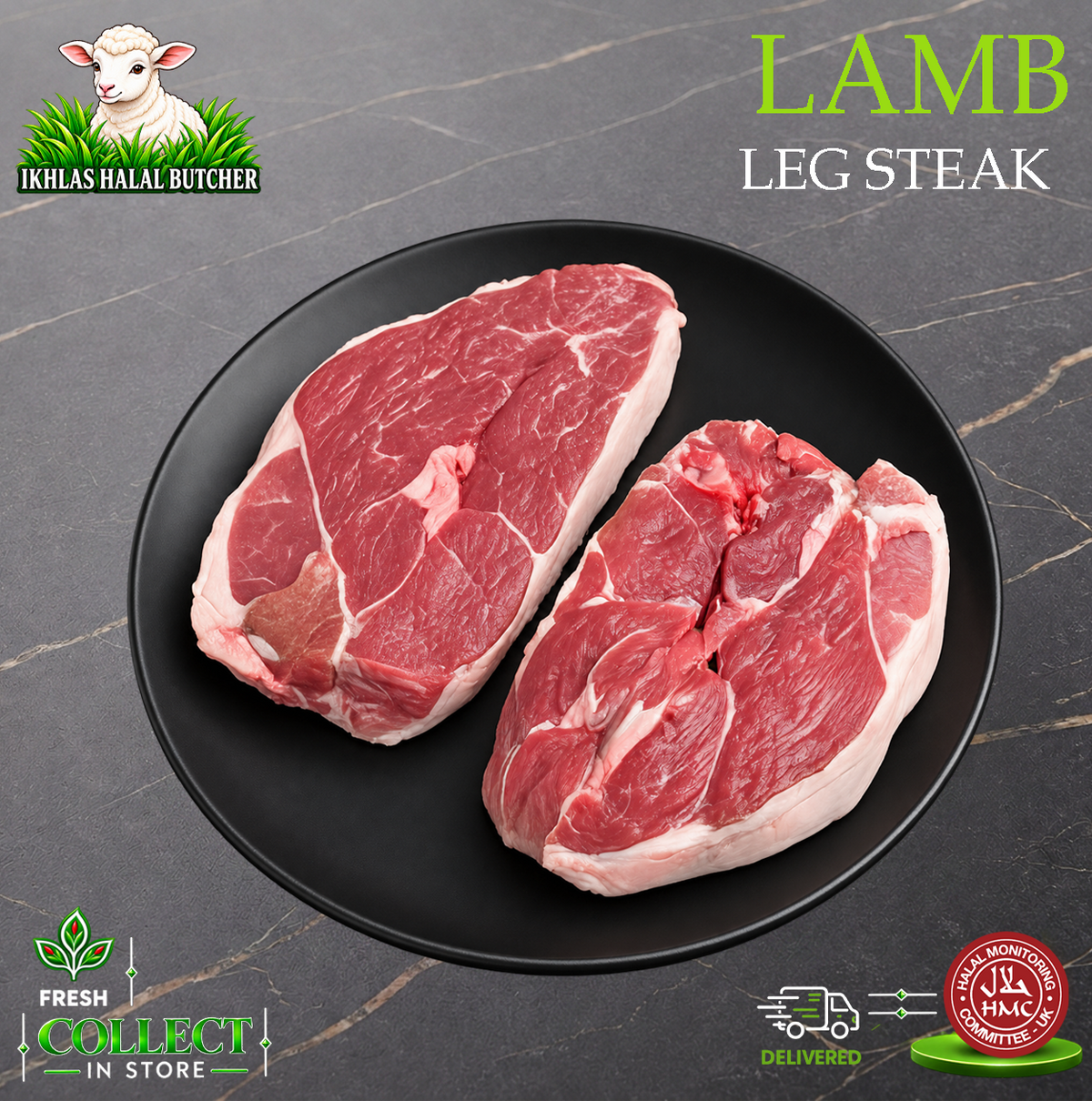 Halal lamb steaks, on a black plate, Ikhlas Halal Butcher, Bradford