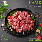 Halal lamb mix, on the bone, with parsley and chilli, on a black plate, Ikhlas Halal Butcher, Bradford