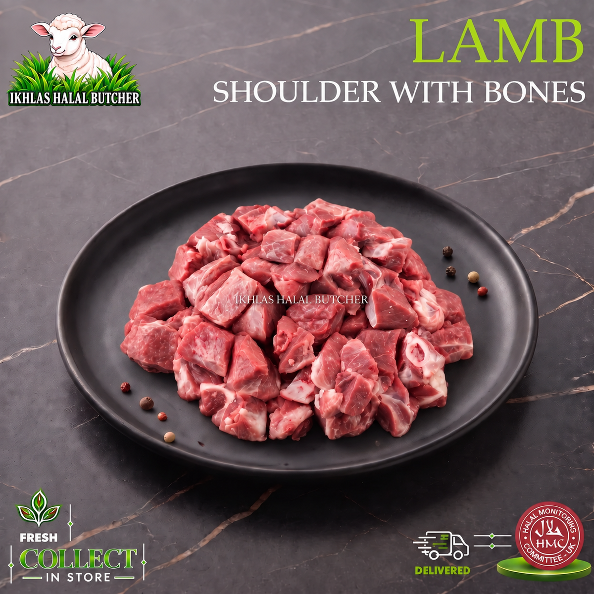 Halal lamb shoulder curry cut, on the bone, on a black plate, Ikhlas Halal Butcher, Bradford