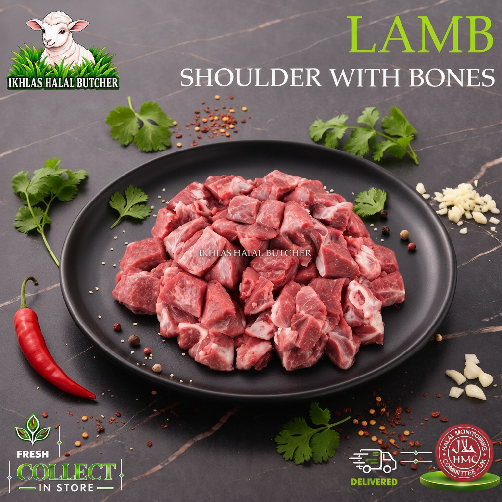 Halal lamb shoulder curry cut, on the bone, with chilli and garlic, on a black plate, Ikhlas Halal Butcher, Bradford