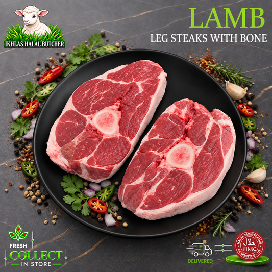 Halal lamb steaks, on the bone, with chilli and garlic, on a black plate, Ikhlas Halal Butcher, Bradford