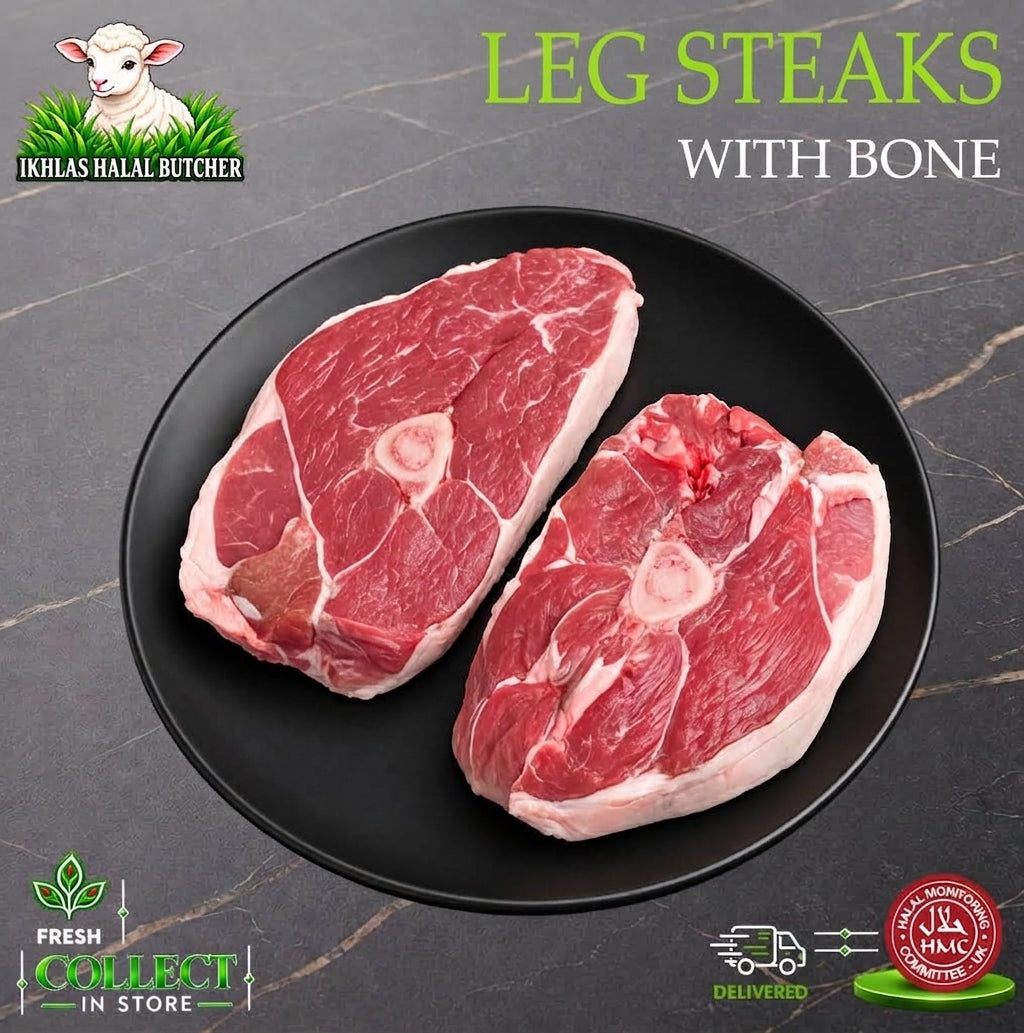 Halal lamb steaks, on the bone, on a black plate, Ikhlas Halal Butcher, Bradford