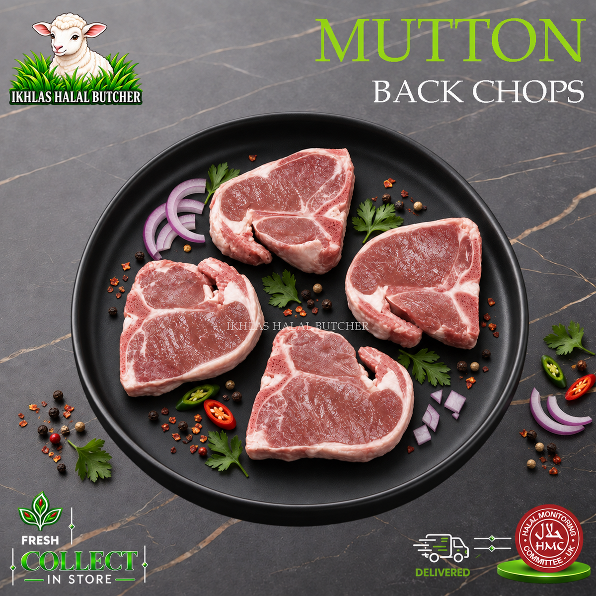 Four raw mutton back chops arranged on a black plate with sliced red onion, parsley, peppercorns, and chili, on a dark marble-style background. Large text reads 'MUTTON BACK CHOPS,' with the Ikhlas Halal Butcher logo at top left and delivery/quality badges at bottom corners.