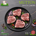 Four raw mutton back chops arranged on a black plate with sliced red onion, parsley, peppercorns, and chili, on a dark marble-style background. Large text reads 'MUTTON BACK CHOPS,' with the Ikhlas Halal Butcher logo at top left and delivery/quality badges at bottom corners.