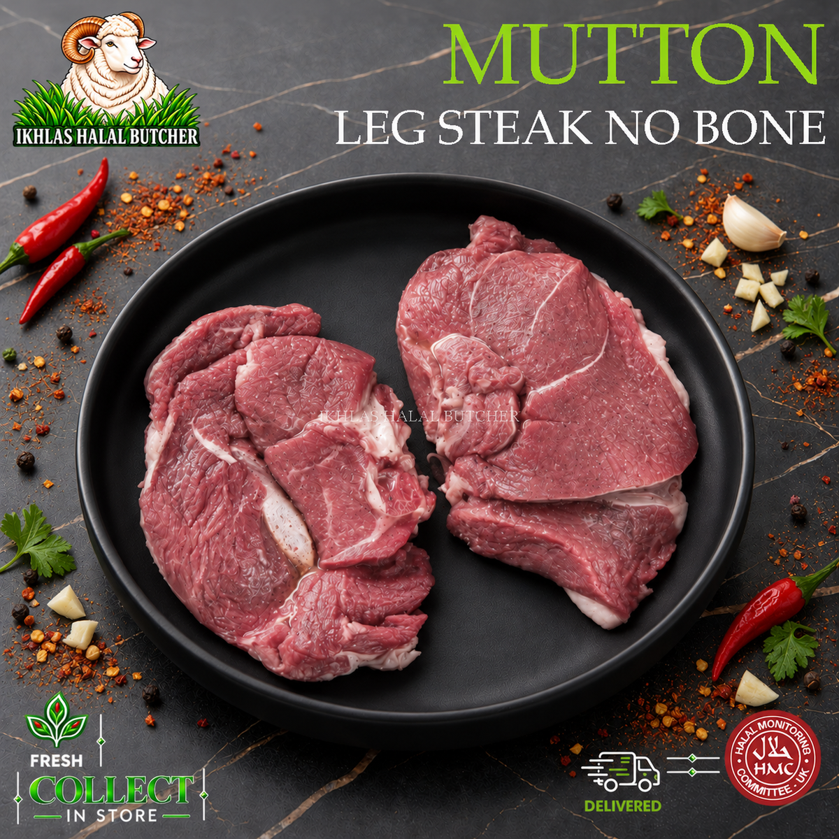 Two raw mutton leg steaks displayed on a black plate, surrounded by spices, garlic, parsley, and red chili peppers on a dark marble surface. The image features branding for 'Ikhlas Halal Butcher' and promotional text overlays.