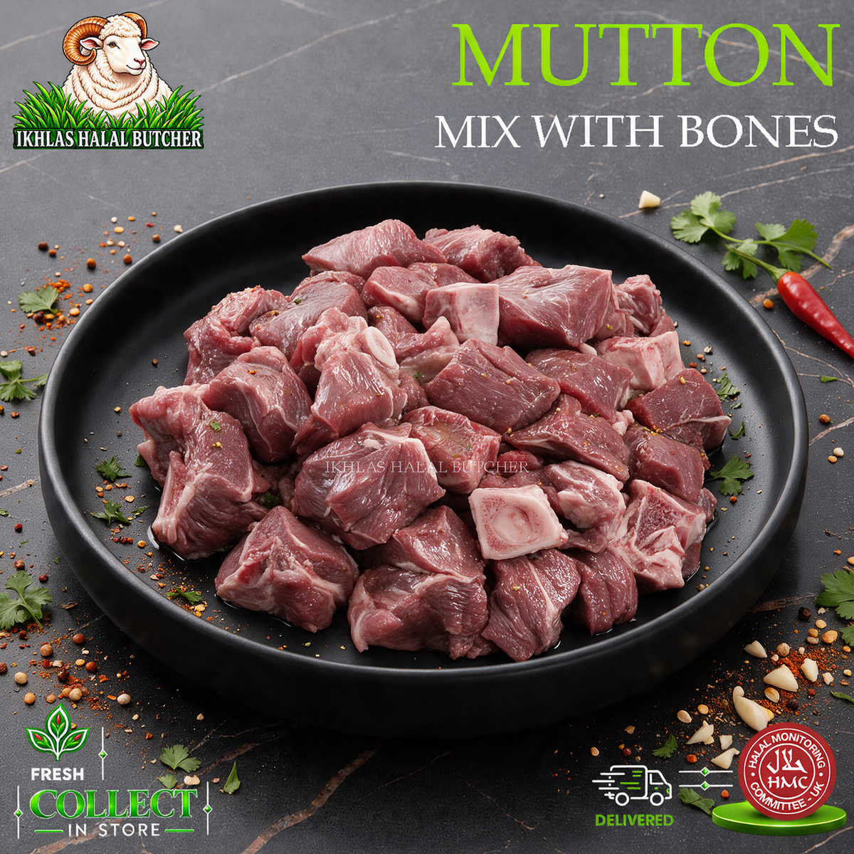 Raw mutton meat chunks with bones piled on a black plate, with the text 'MUTTON MIX WITH BONES' and the Ikhlas Halal Butcher logo on a dark textured background.