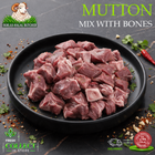 Raw mutton meat chunks with bones piled on a black plate, with the text 'MUTTON MIX WITH BONES' and the Ikhlas Halal Butcher logo on a dark textured background.