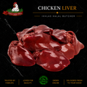 Raw chicken liver meat piled on a black marble-style background with branding text reading 'CHICKEN LIVER' and 'IKHLAS HALAL BUTCHER.' A chicken logo and 'Ikhlas Halal Meat' banner appear in the top left, and a green HACCP seal plus trust copy appear along the bottom.